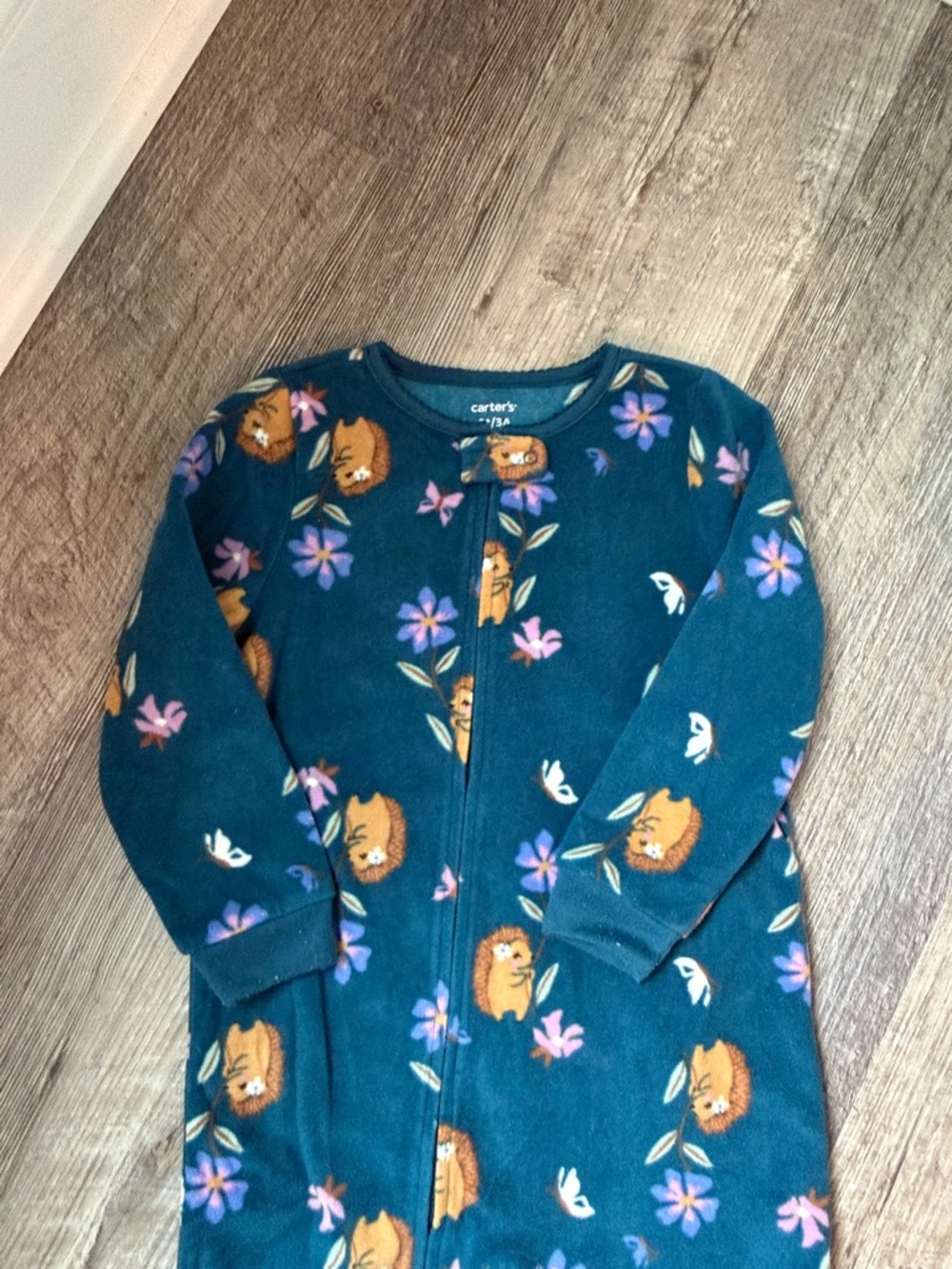 Carter's Teal Fleece One-Piece with Hedgehog & Floral Print